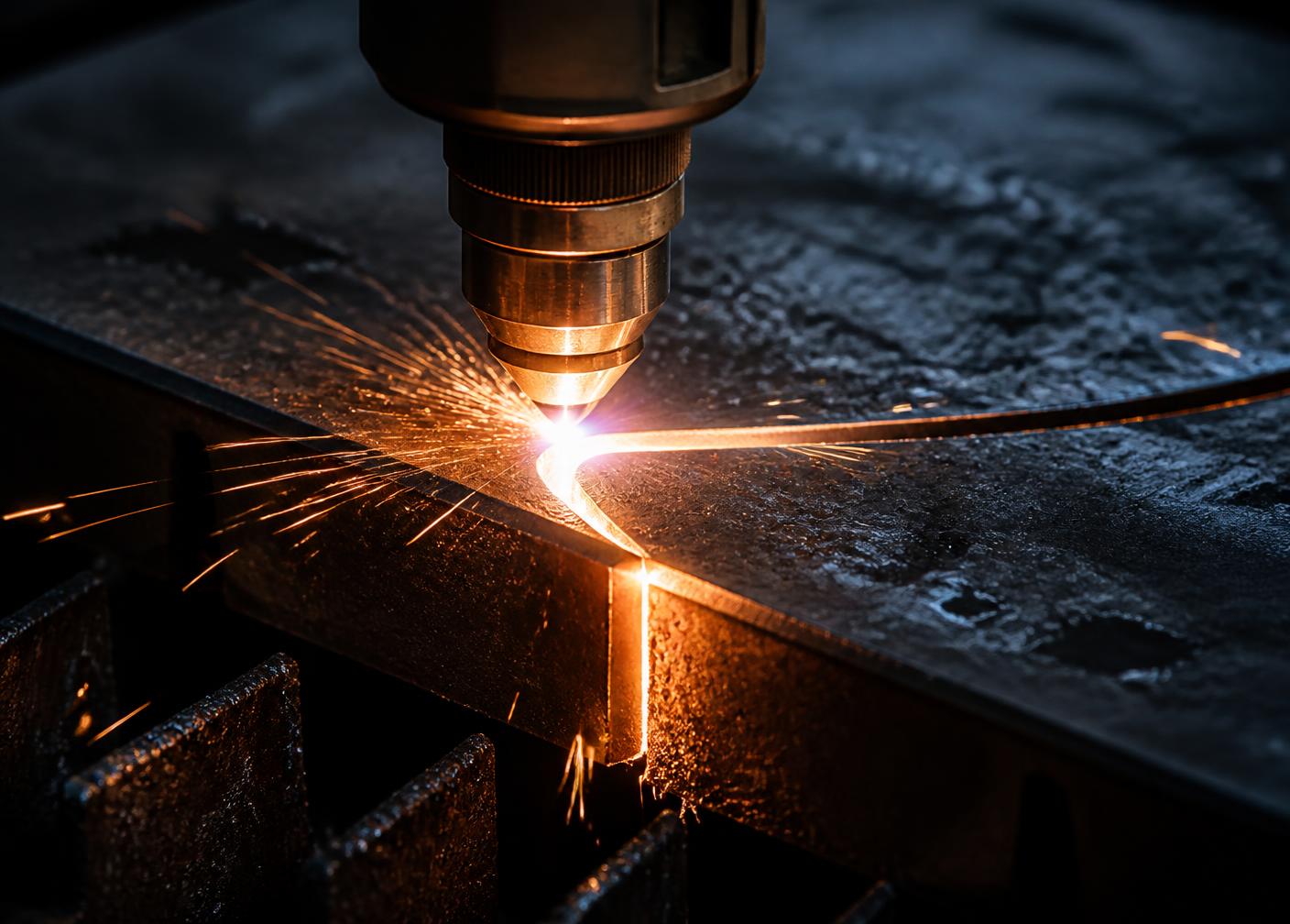 CNC plasma torch cutting a thick steel plate with a glowing kerf